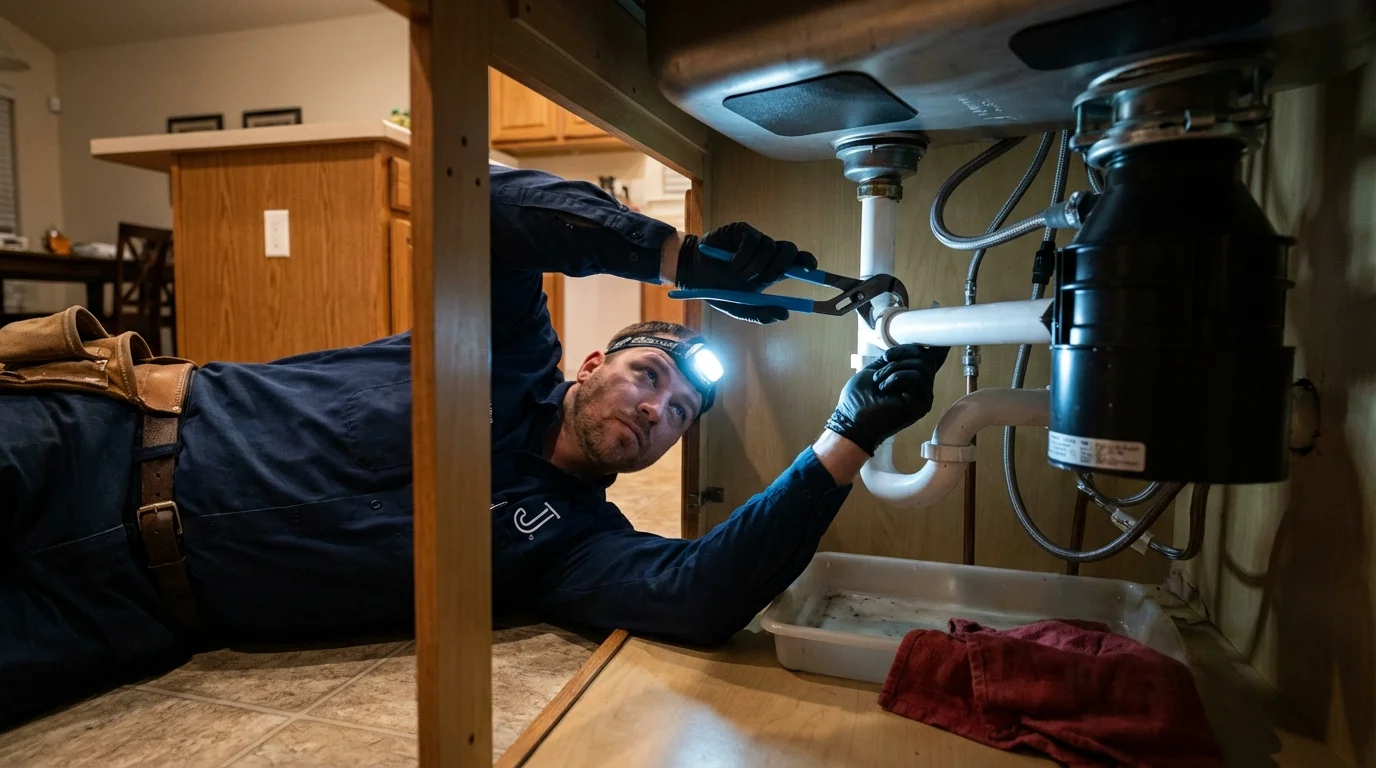 P-trap and supply line connections under a kitchen sink showing a common leak point in Fredonia, AZ